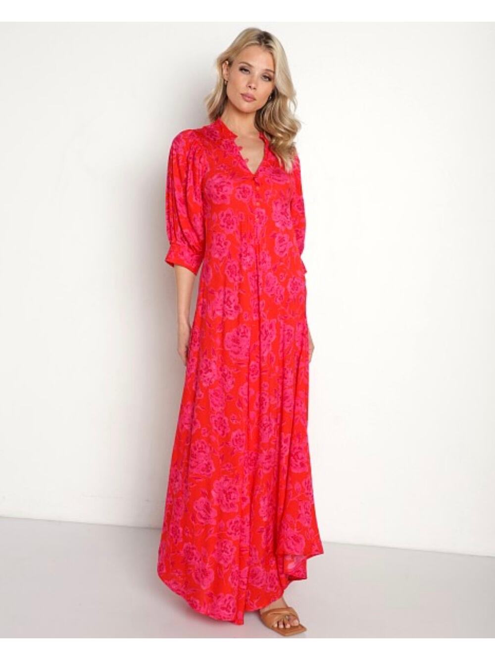 Jen's Pirate Booty Neon Electro Floral Saloon Maxi Dress 3/4 Sleeves Pink Medium